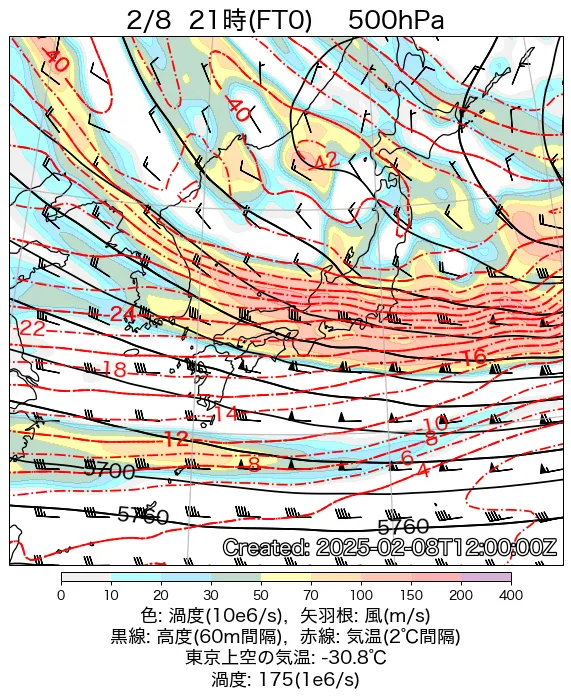 2025年2月8日の日本周辺の500hPa天気図（21時）