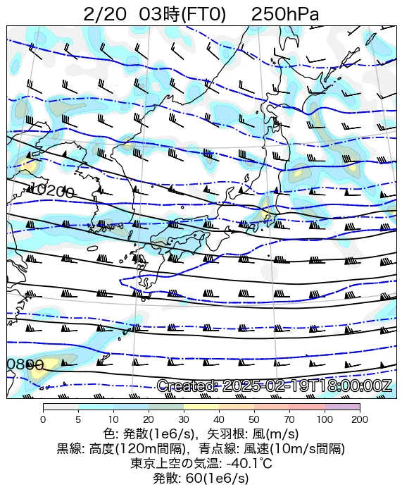 2025年2月20日の日本周辺の250hPa天気図（3時）