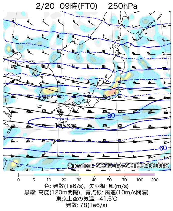 2025年2月20日の日本周辺の250hPa天気図（9時）