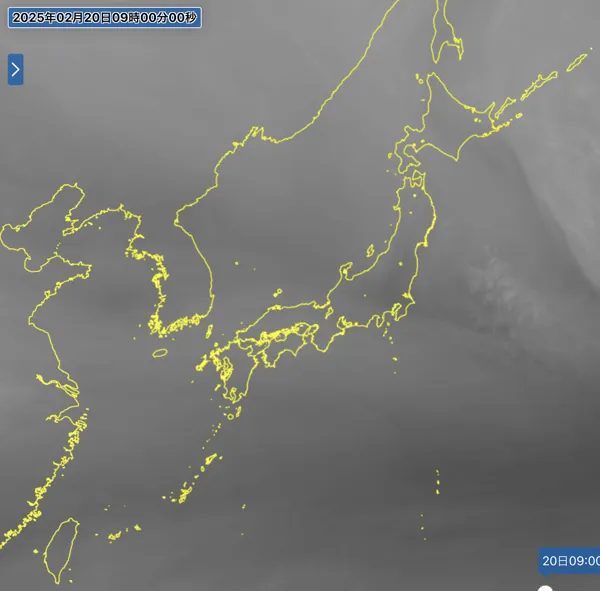 2025年2月20日の日本周辺の衛星水蒸気画像（9時）