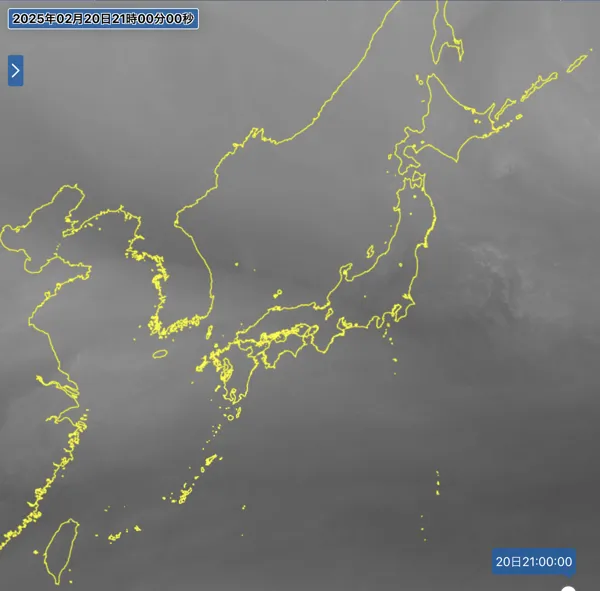 2025年2月20日の日本周辺の衛星水蒸気画像（21時）
