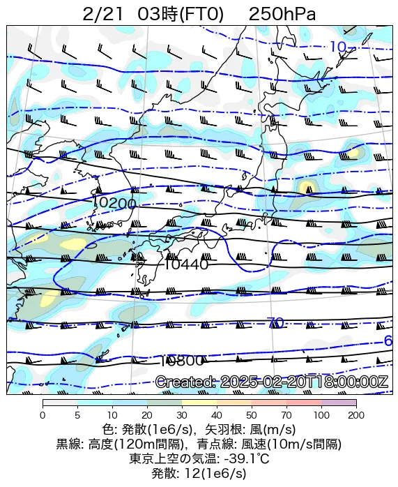 2025年2月21日の日本周辺の250hPa天気図（3時）