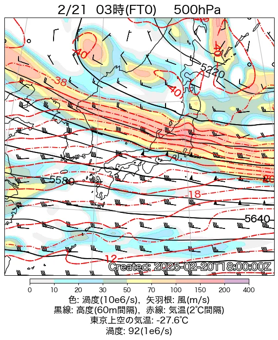 2025年2月21日の日本周辺の500hPa天気図（3時）