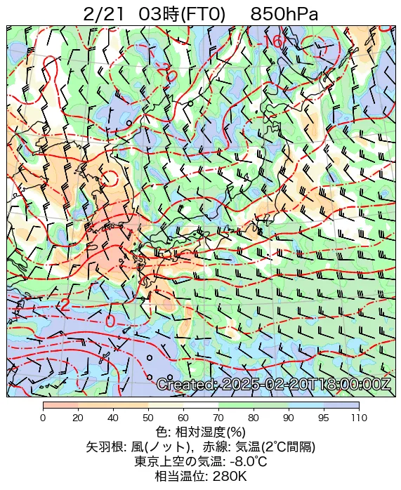 2025年2月21日の日本周辺の850hPa天気図（3時）