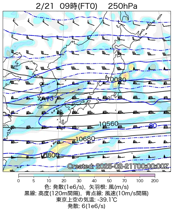2025年2月21日の日本周辺の250hPa天気図（9時）