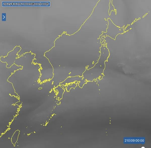 2025年2月21日9時の日本周辺の衛星水蒸気画像