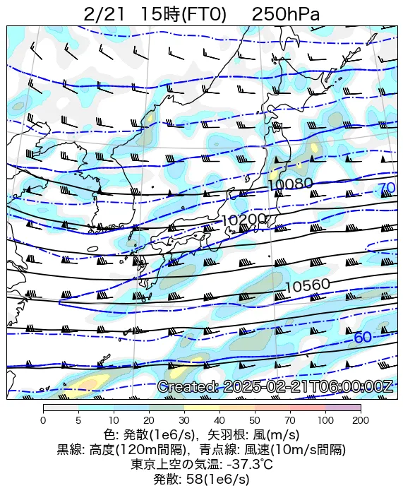 2025年2月21日の日本周辺の250hPa天気図（15時）