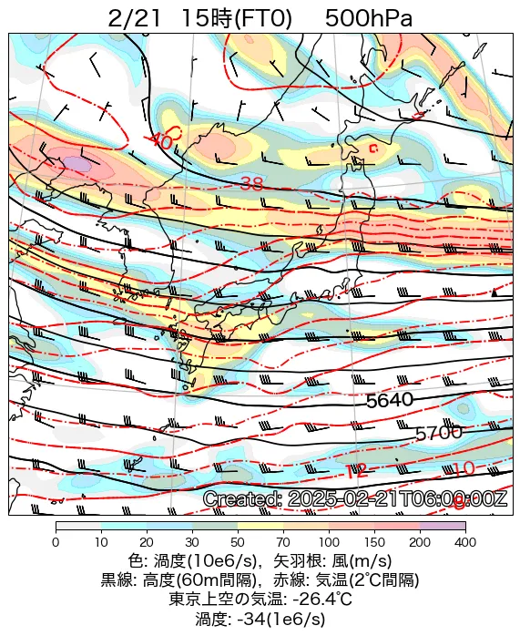 2025年2月21日の日本周辺の500hPa天気図（15時）