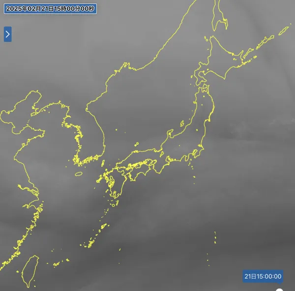 2025年2月21日15時の日本周辺の衛星水蒸気画像