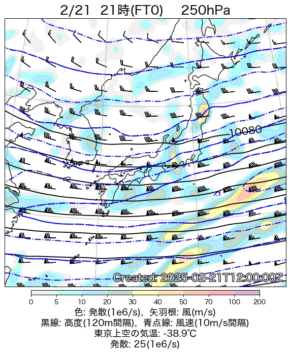 2025年2月21日の日本周辺の250hPa天気図（21時）