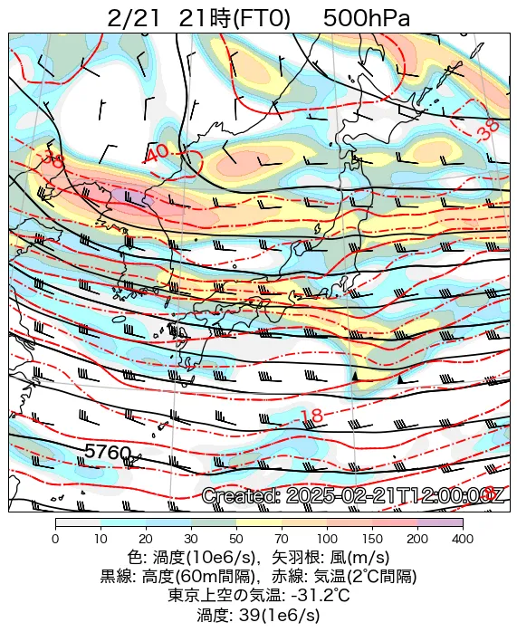 2025年2月21日の日本周辺の500hPa天気図（21時）