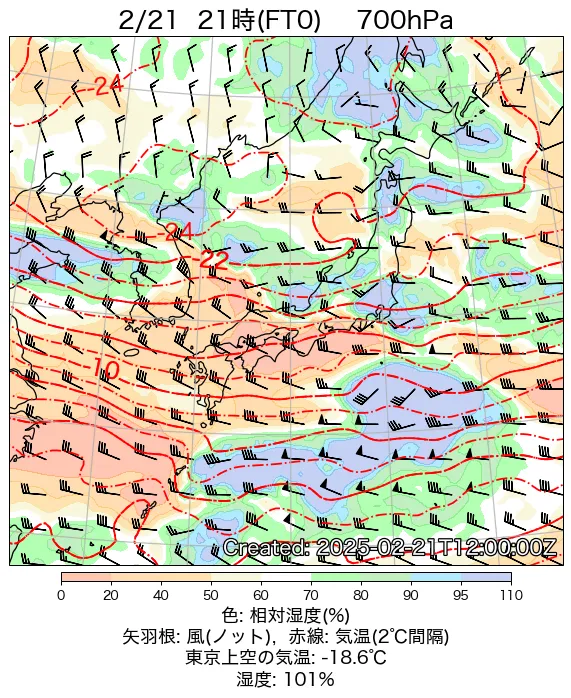 2025年2月21日の日本周辺の700hPa天気図（21時）