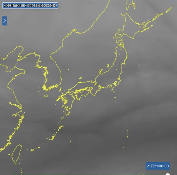 2025年2月21日21時の日本周辺の衛星水蒸気画像