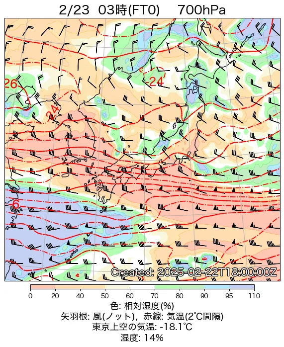 2025年2月23日の日本周辺の700hPa天気図（3時）