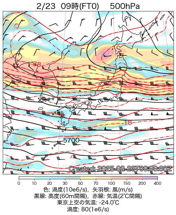 2025年2月23日の日本周辺の500hPa天気図（9時）