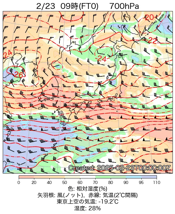 2025年2月23日の日本周辺の700hPa天気図（9時）