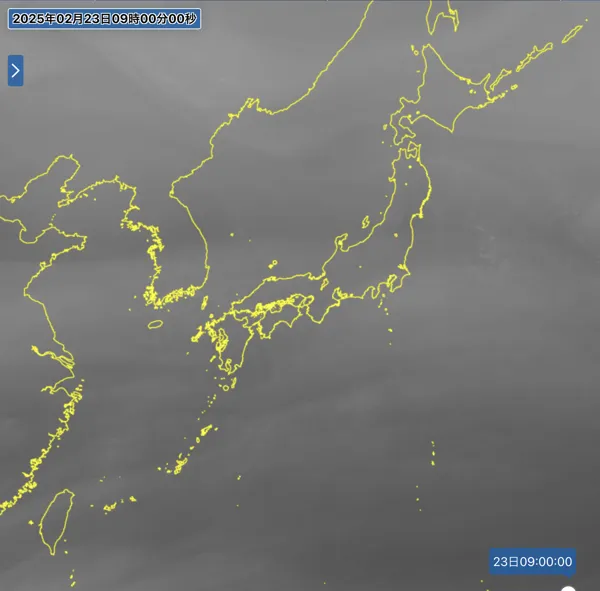 2025年2月23日の日本周辺の衛星水蒸気画像（9時）