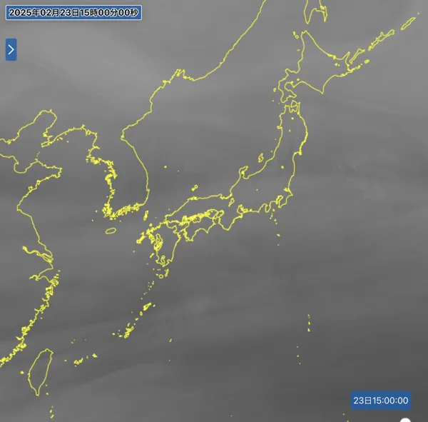 2025年2月23日の日本周辺の衛星水蒸気画像（15時）