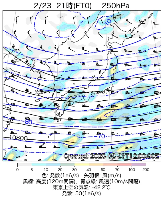 2025年2月23日の日本周辺の250hPa天気図（21時）