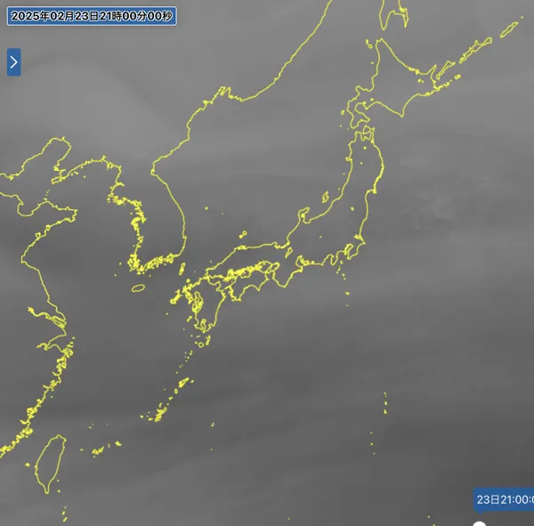 2025年2月23日の日本周辺の衛星水蒸気画像（21時）