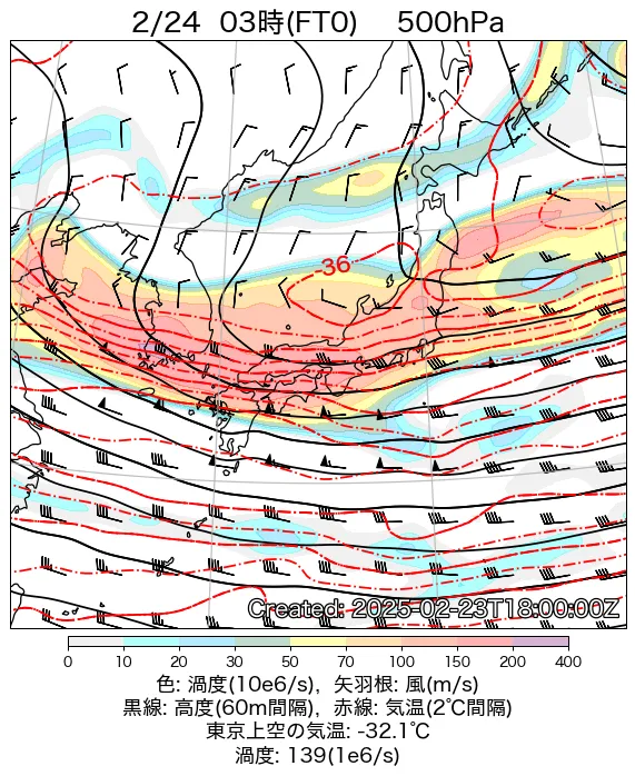 2025年2月24日の日本周辺の500hPa天気図（3時）