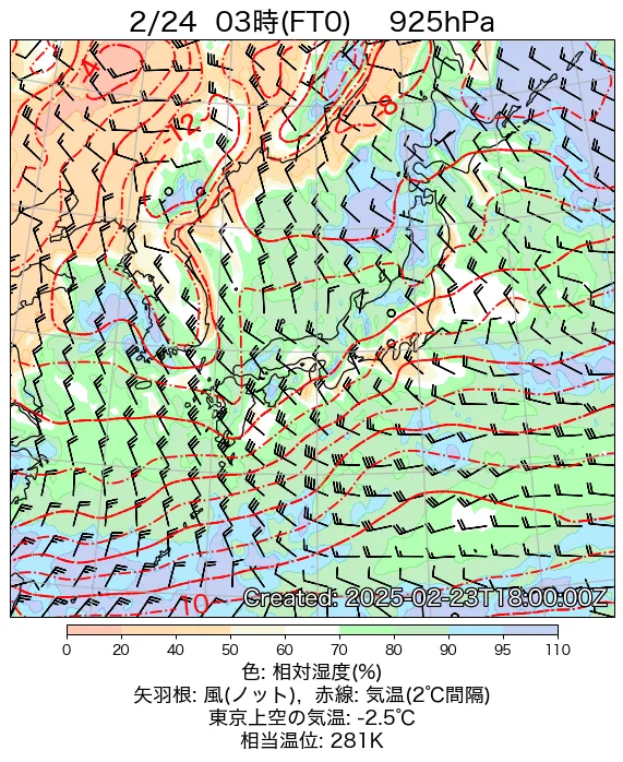 2025年2月24日の日本周辺の925hPa天気図（3時）