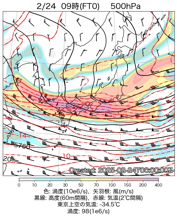2025年2月24日の日本周辺の500hPa天気図（9時）