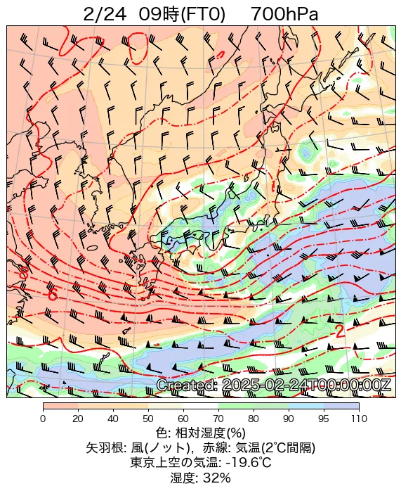 2025年2月24日の日本周辺の700hPa天気図（9時）