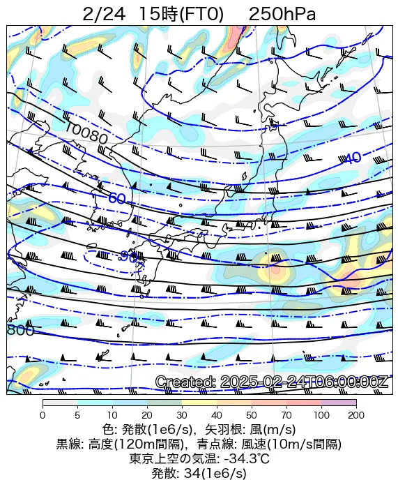2025年2月24日の日本周辺の250hPa天気図（15時）