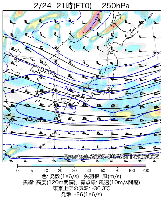 2025年2月24日の日本周辺の250hPa天気図（21時）