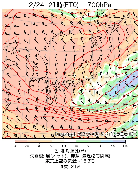 2025年2月24日の日本周辺の700hPa天気図（21時）