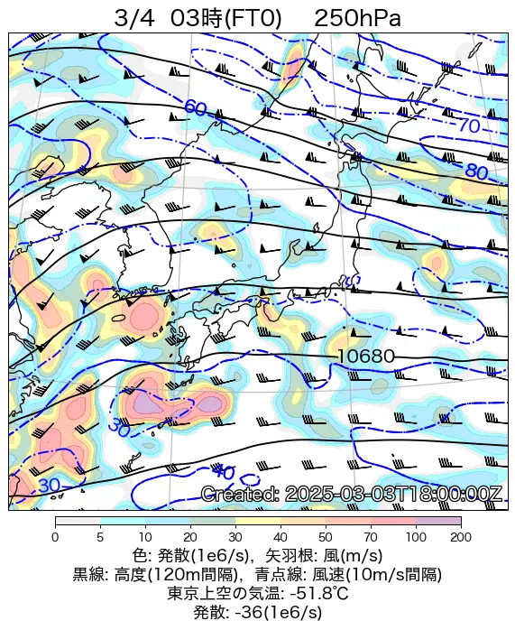 2025年3月4日の日本周辺の250hPa天気図（3時）