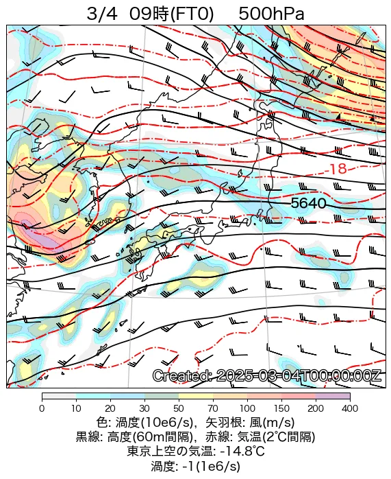 2025年3月4日の日本周辺の500hPa天気図（9時）
