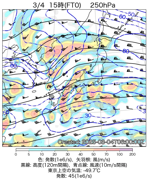 2025年3月4日の日本周辺の250hPa天気図（15時）