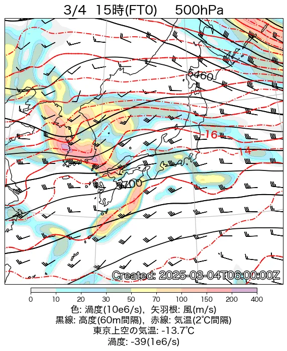 2025年3月4日の日本周辺の500hPa天気図（15時）