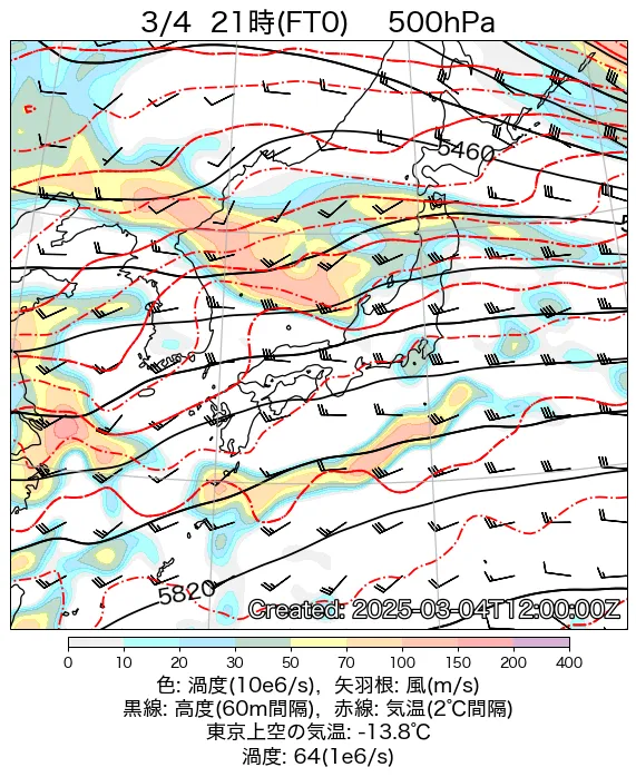 2025年3月4日の日本周辺の500hPa天気図（21時）