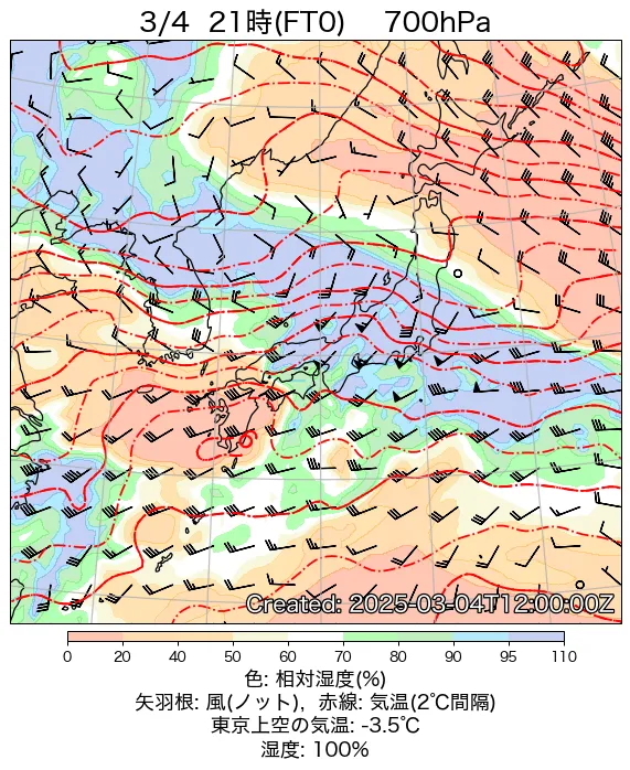 2025年3月4日の日本周辺の700hPa天気図（21時）