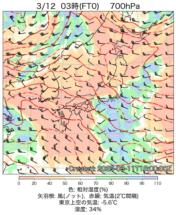 2025年3月12日の日本周辺の700hPa天気図（3時）
