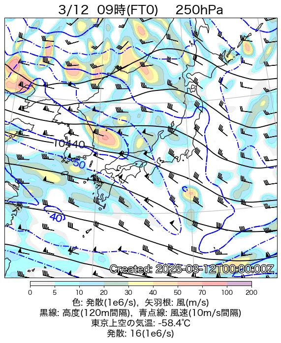 2025年3月12日の日本周辺の250hPa天気図（9時）