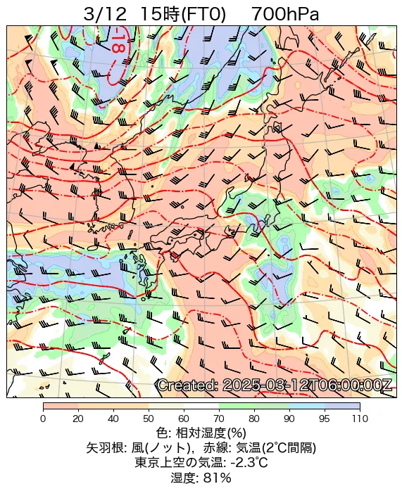 2025年3月12日の日本周辺の700hPa天気図（15時）