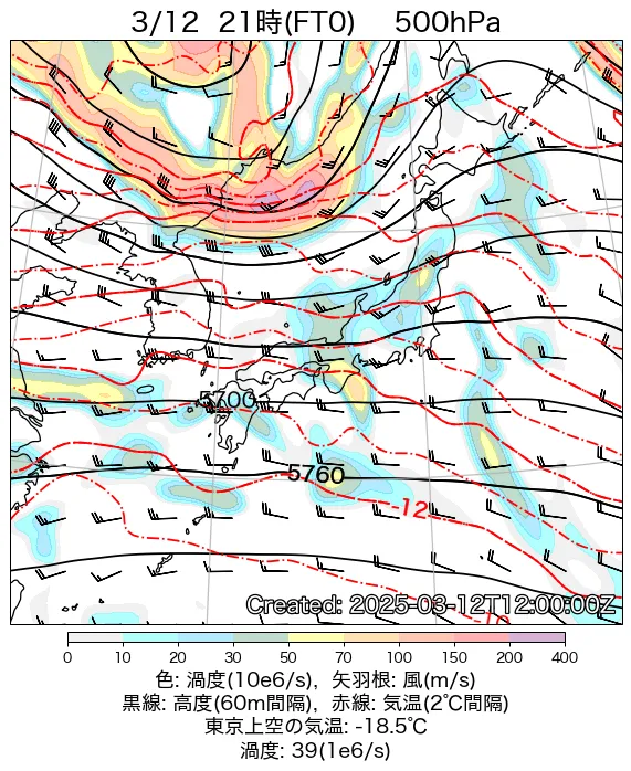 2025年3月12日の日本周辺の500hPa天気図（21時）