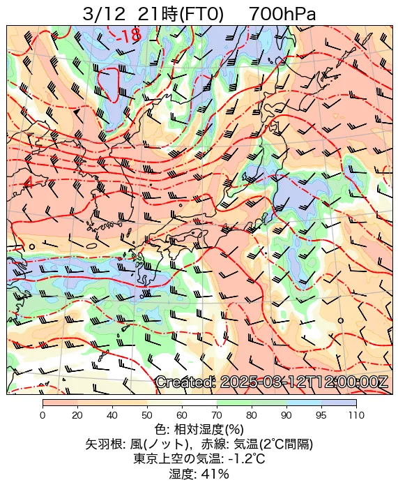 2025年3月12日の日本周辺の700hPa天気図（21時）