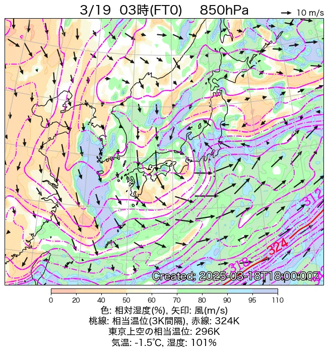 2025年3月19日3時の850hPa天気図