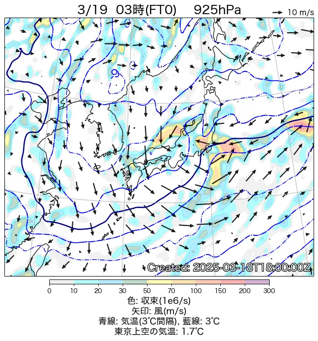 2025年3月19日午前3時の925hPa天気図