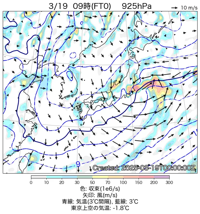 2025年3月19日9時の925hPa天気図