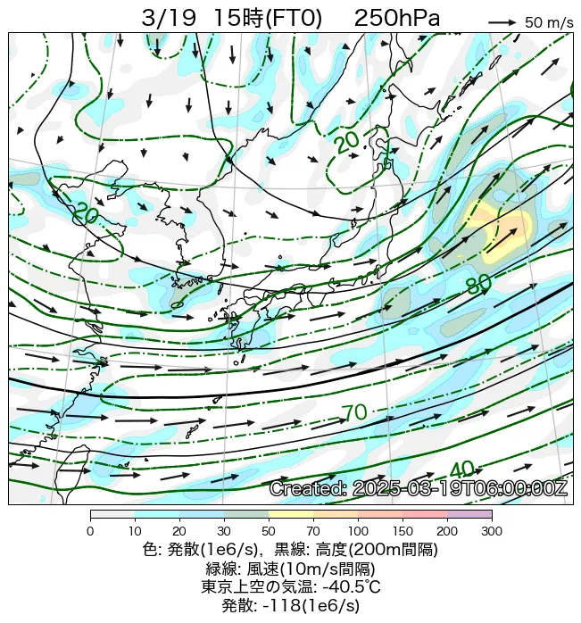2025年3月19日の日本周辺の250hPa天気図（15時）