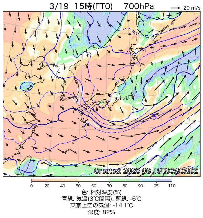 2025年3月19日の日本周辺の700hPa天気図（15時）