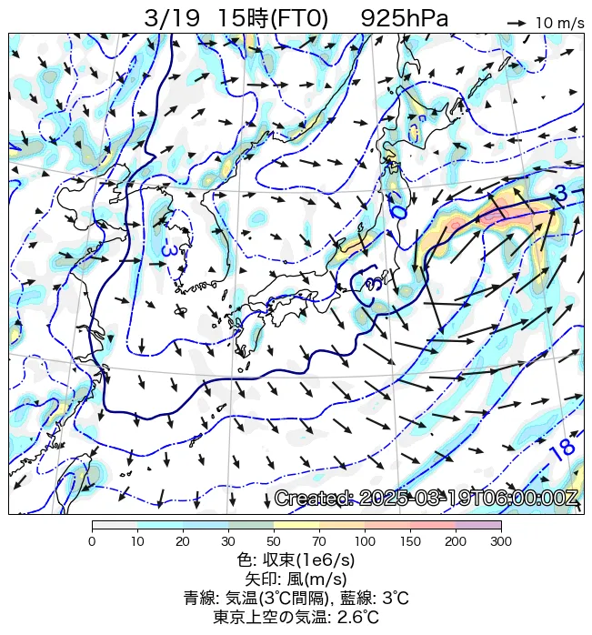 2025年3月19日の日本周辺の925hPa天気図（15時）