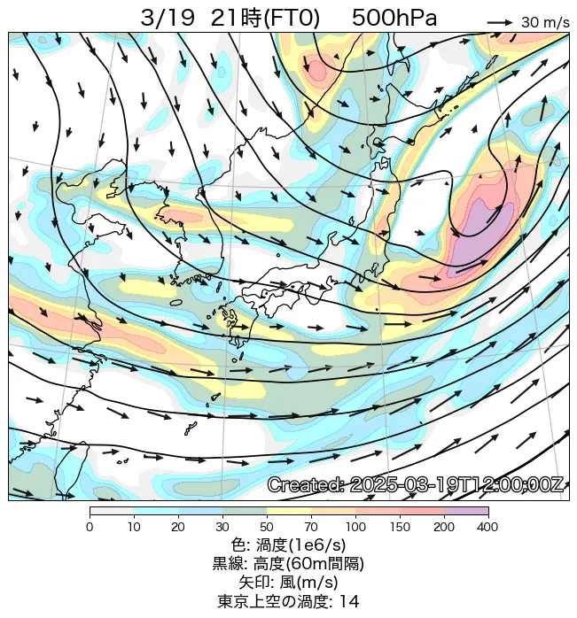 2025年3月19日の日本周辺の500hPa天気図（21時）