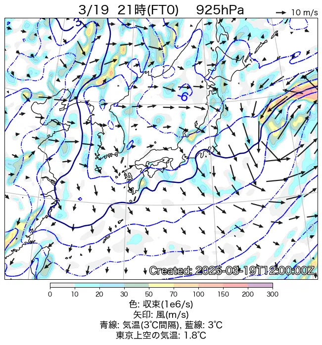 2025年3月19日の日本周辺の925hPa天気図（21時）